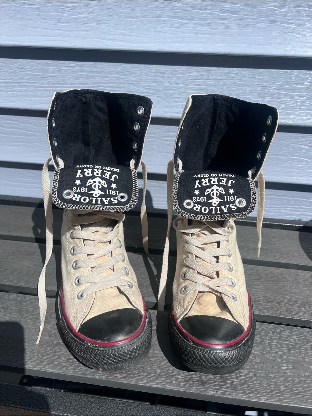 Converse Cream Canvas SailorJerry Pin-Up Artwork All Star High-Top Sneakers - Picture 3 of 13